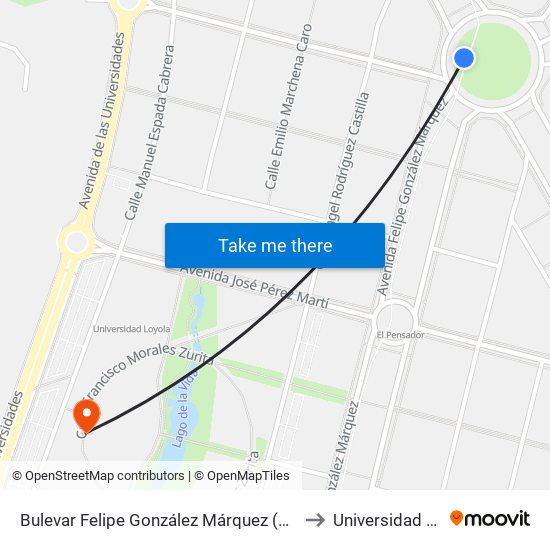 Bulevar Felipe González Márquez (Entrenúcleos) to Universidad Loyola map