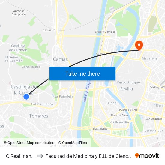 C Real Irlandesas to Facultad de Medicina y E.U. de Ciencias de La Salud map