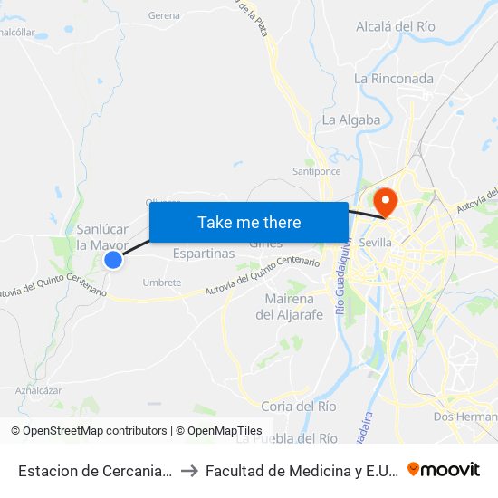 Estacion de Cercanias Sanlucar La Mayor to Facultad de Medicina y E.U. de Ciencias de La Salud map