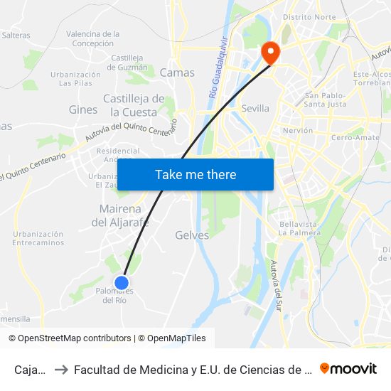 Cajasol to Facultad de Medicina y E.U. de Ciencias de La Salud map