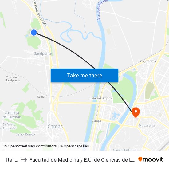 Italica to Facultad de Medicina y E.U. de Ciencias de La Salud map