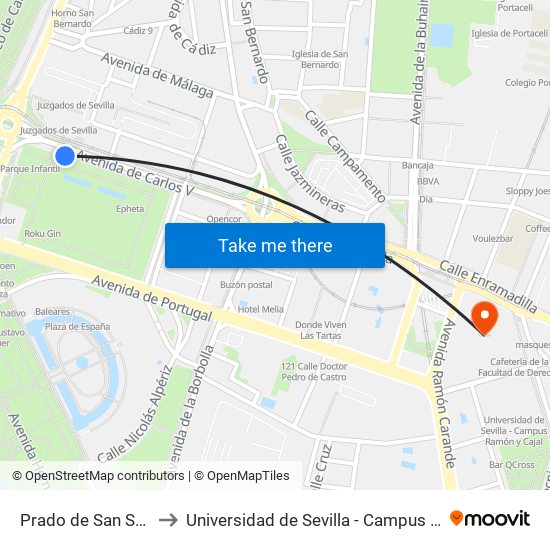 Prado de San Sebastián to Universidad de Sevilla - Campus Ramón y Cajal map