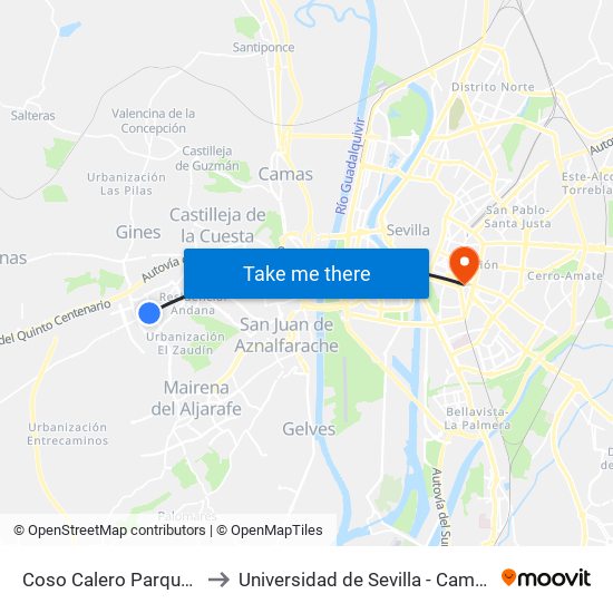 Coso Calero Parque Los Alamos to Universidad de Sevilla - Campus Ramón y Cajal map