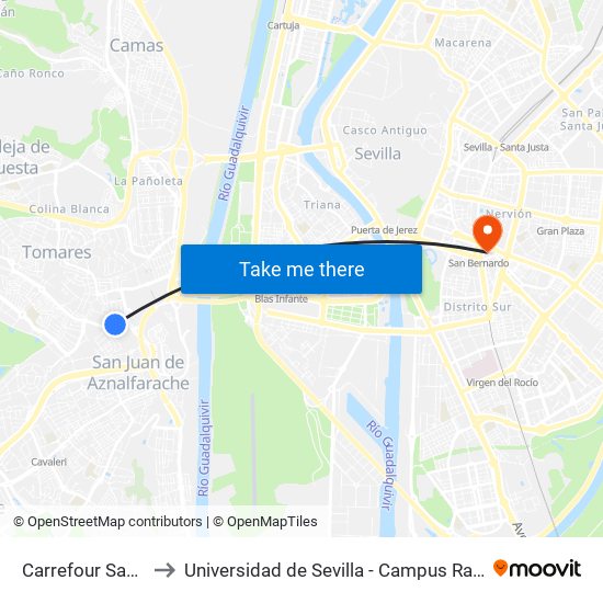 Carrefour San Juan to Universidad de Sevilla - Campus Ramón y Cajal map