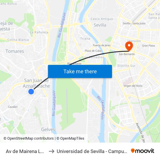 Av de Mairena Los Faroles to Universidad de Sevilla - Campus Ramón y Cajal map