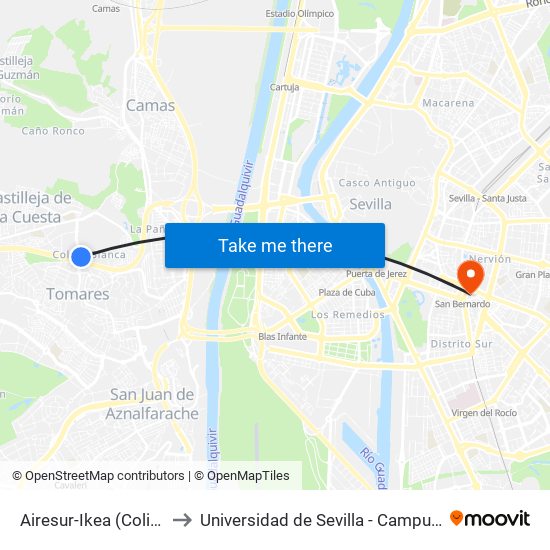Airesur-Ikea (Colina Blanca) to Universidad de Sevilla - Campus Ramón y Cajal map