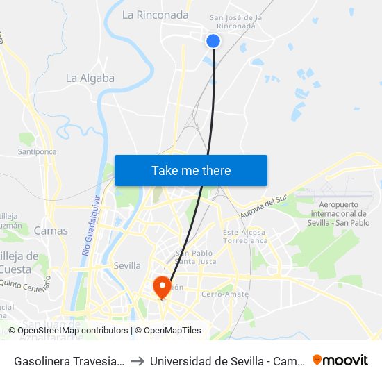 Gasolinera Travesia San Jose (U) to Universidad de Sevilla - Campus Ramón y Cajal map