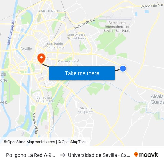 Poligono La Red A-92 (Gruas Lozano) to Universidad de Sevilla - Campus Ramón y Cajal map