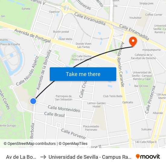 Av de La Borbolla to Universidad de Sevilla - Campus Ramón y Cajal map