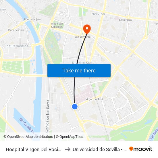 Hospital Virgen Del Rocio Marques Luca de Tena to Universidad de Sevilla - Campus Ramón y Cajal map