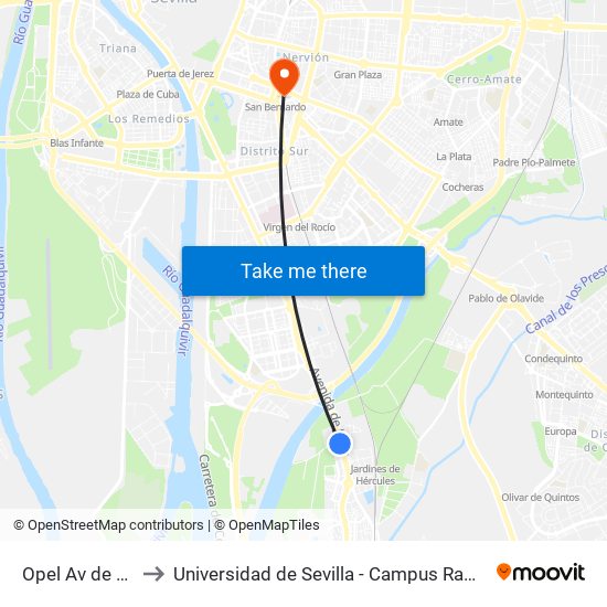 Opel Av de Jerez to Universidad de Sevilla - Campus Ramón y Cajal map