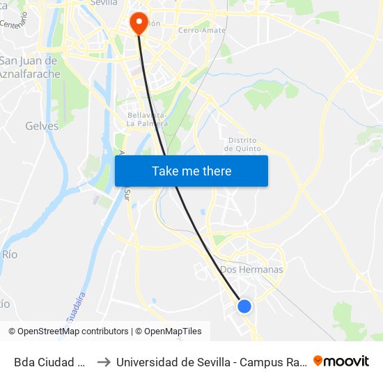 Bda Ciudad Blanca to Universidad de Sevilla - Campus Ramón y Cajal map