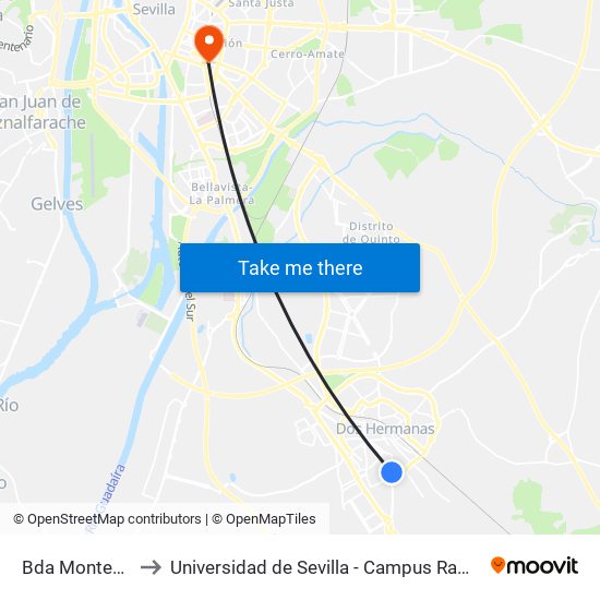 Bda Montecillos to Universidad de Sevilla - Campus Ramón y Cajal map