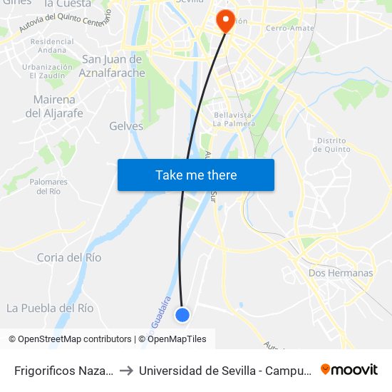 Frigorificos Nazarenos (V) to Universidad de Sevilla - Campus Ramón y Cajal map