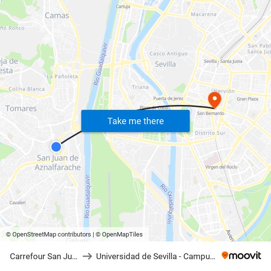 Carrefour San Juan Dentro to Universidad de Sevilla - Campus Ramón y Cajal map