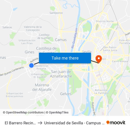 El Barrero Recinto Ferial to Universidad de Sevilla - Campus Ramón y Cajal map