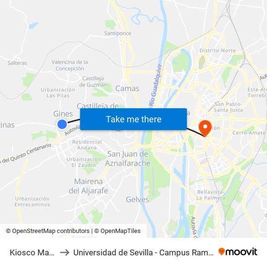 Kiosco Marcos to Universidad de Sevilla - Campus Ramón y Cajal map