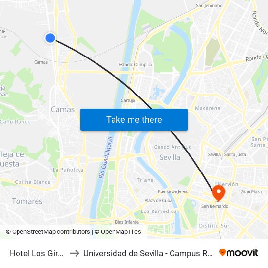 Hotel Los Girasoles to Universidad de Sevilla - Campus Ramón y Cajal map