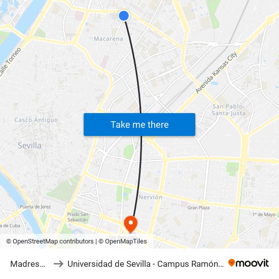 Madreselva to Universidad de Sevilla - Campus Ramón y Cajal map