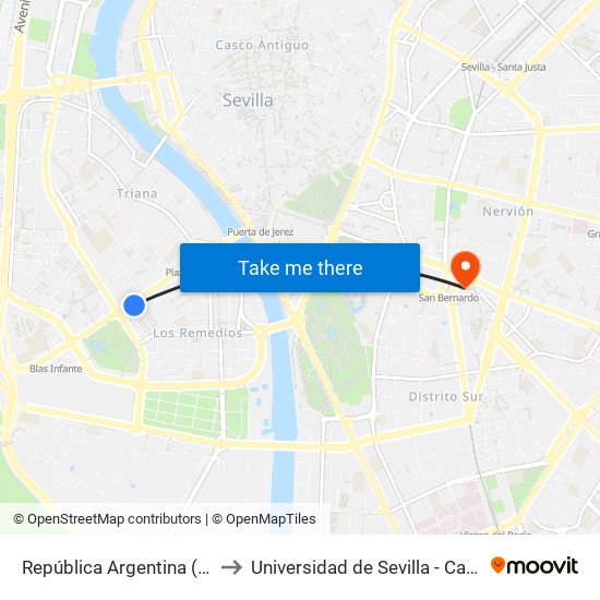 República Argentina (Virgen de África) to Universidad de Sevilla - Campus Ramón y Cajal map