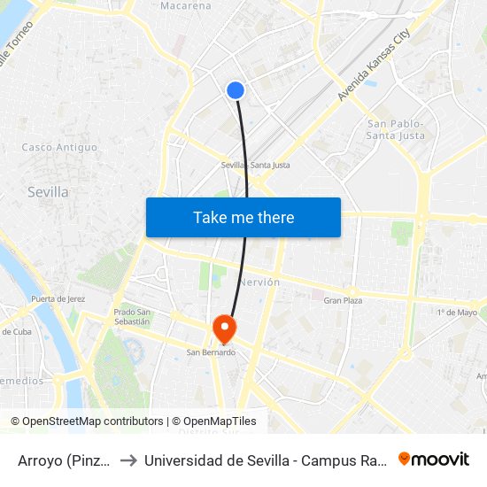 Arroyo (Pinzones) to Universidad de Sevilla - Campus Ramón y Cajal map