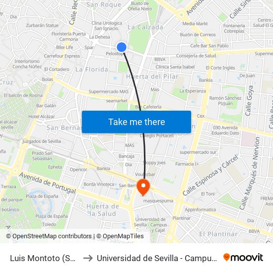Luis Montoto (San Benito) to Universidad de Sevilla - Campus Ramón y Cajal map