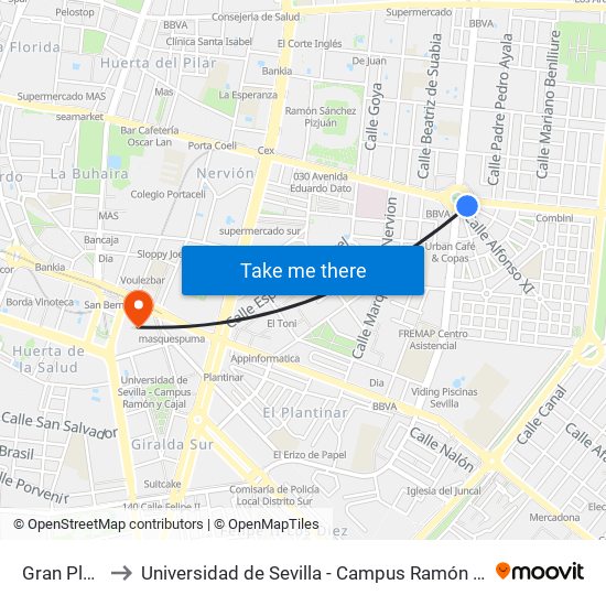 Gran Plaza to Universidad de Sevilla - Campus Ramón y Cajal map