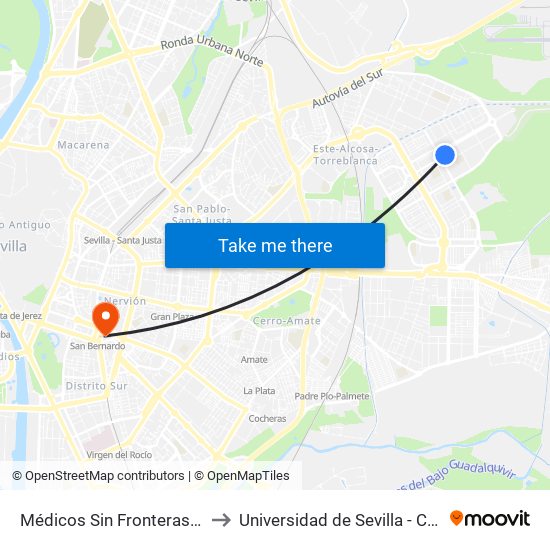 Médicos Sin Fronteras (Mercado Sv. Este) to Universidad de Sevilla - Campus Ramón y Cajal map