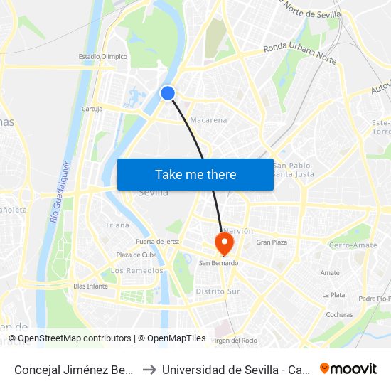 Concejal Jiménez Becerril (José Díaz) to Universidad de Sevilla - Campus Ramón y Cajal map