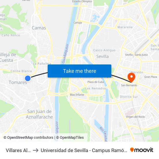 Villares Altos to Universidad de Sevilla - Campus Ramón y Cajal map