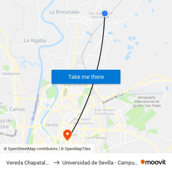 Vereda Chapatales (Teatro) to Universidad de Sevilla - Campus Ramón y Cajal map
