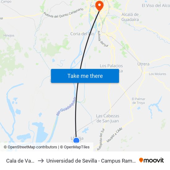 Cala de Vargas to Universidad de Sevilla - Campus Ramón y Cajal map