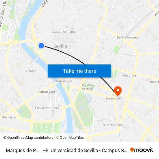 Marques de Paradas to Universidad de Sevilla - Campus Ramón y Cajal map