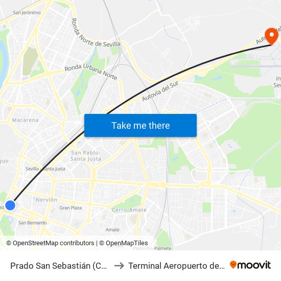 Prado San Sebastián (Carlos V) to Terminal Aeropuerto de Sevilla map