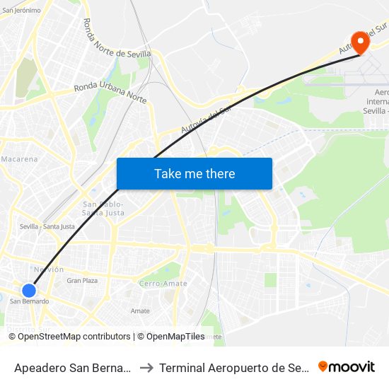 Apeadero San Bernardo to Terminal Aeropuerto de Sevilla map