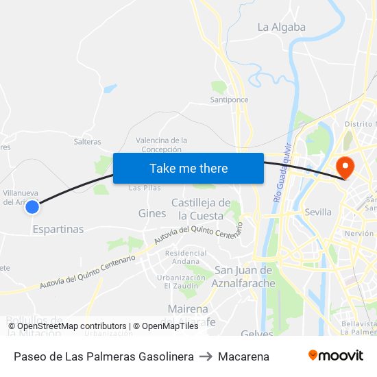 Paseo de Las Palmeras Gasolinera to Macarena map