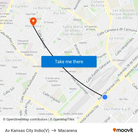 Av Kansas City Indio(V) to Macarena map