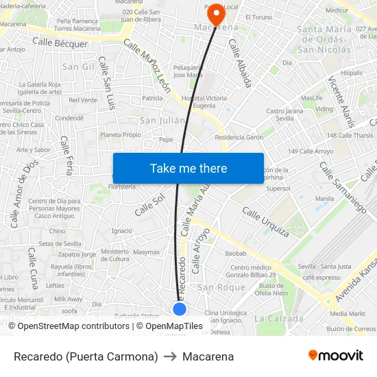 Recaredo (Puerta Carmona) to Macarena map