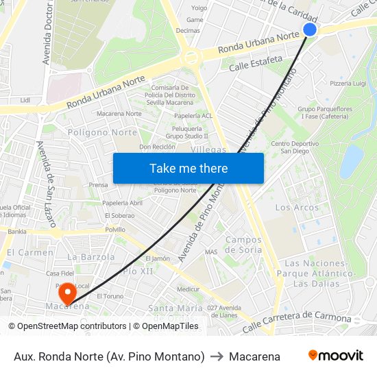 Aux. Ronda Norte (Av. Pino Montano) to Macarena map