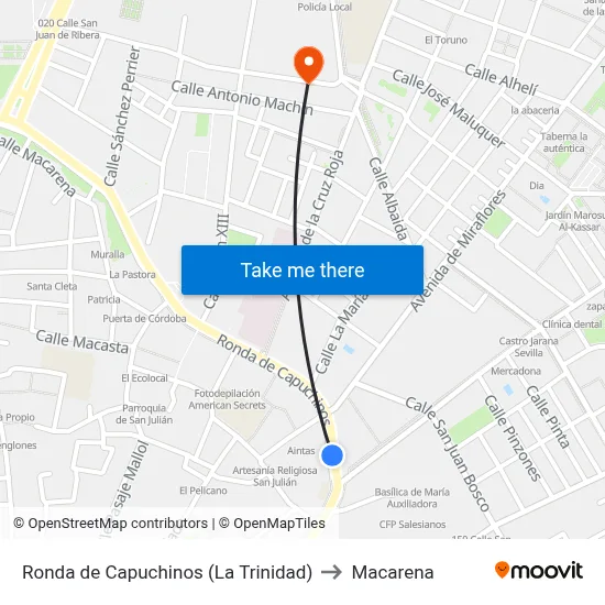 Ronda de Capuchinos (La Trinidad) to Macarena map