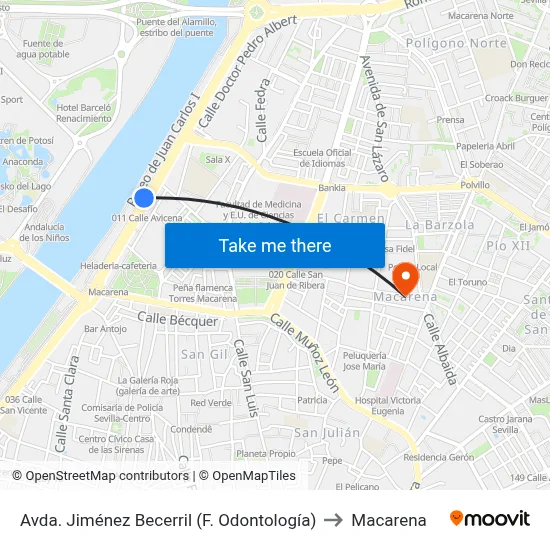 Avda. Jiménez Becerril (F. Odontología) to Macarena map
