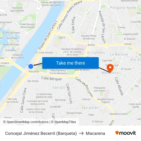 Concejal Jiménez Becerril (Barqueta) to Macarena map