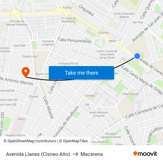 Avenida Llanes (Cisneo Alto) to Macarena map