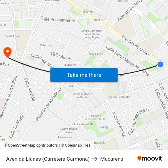 Avenida Llanes (Carretera Carmona) to Macarena map