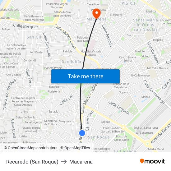 Recaredo (San Roque) to Macarena map