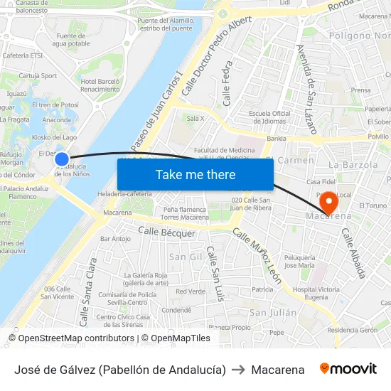 José de Gálvez (Pabellón de Andalucía) to Macarena map