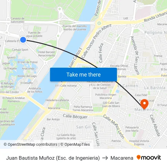 Juan Bautista Muñoz (Esc. de Ingenieria) to Macarena map
