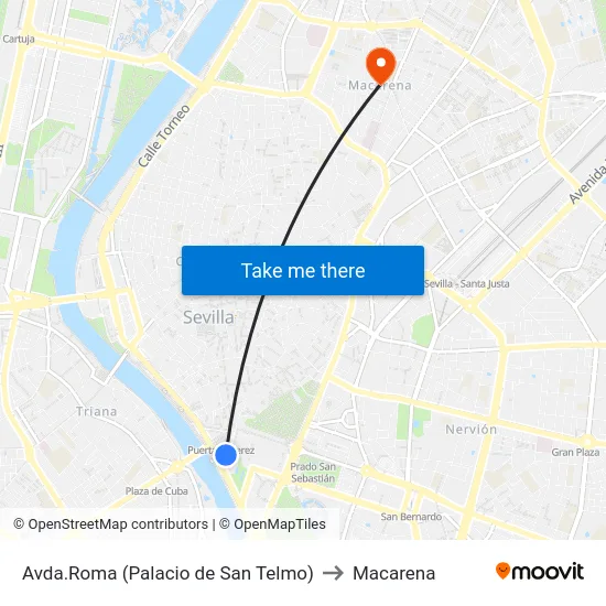 Avda.Roma (Palacio de San Telmo) to Macarena map