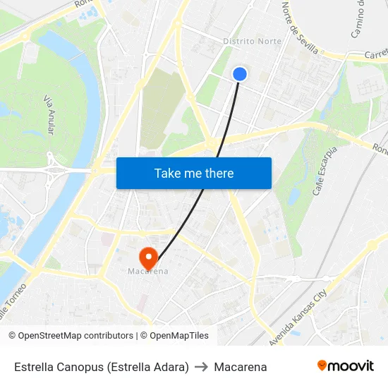 Estrella Canopus (Estrella Adara) to Macarena map