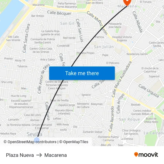 Plaza Nueva to Macarena map